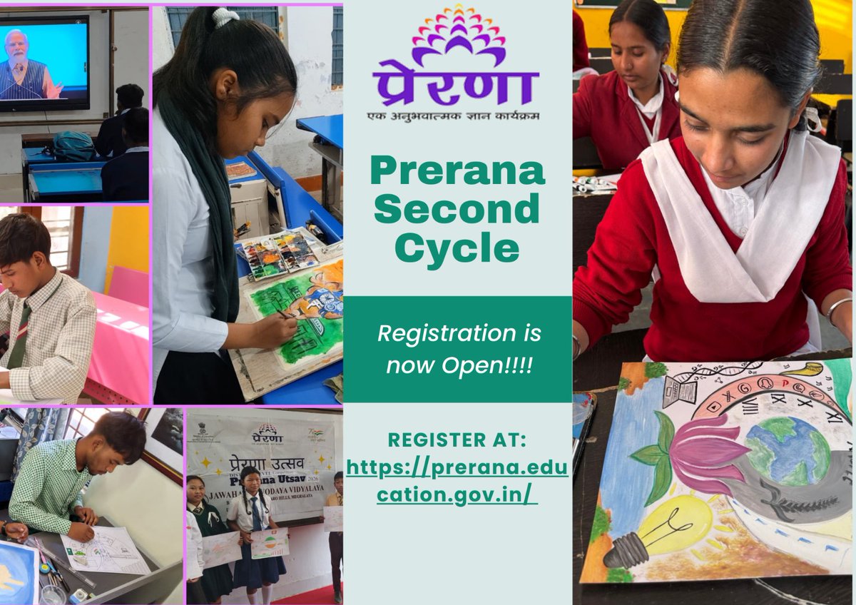 EduMinOfIndia's tweet photo. Registration for PRERANA – Second Cycle is Now Open!

An inspiring opportunity for students to engage in value-based learning, leadership development, and nation-building aligned with the vision of Viksit Bharat 2047. 

Across the country, Prerana Utsav is being organised at school and district levels, serving as a gateway for students to showcase their ideas and participate in the Prerana journey. Over 7.6 lakh already registered and counting, reflecting the enthusiasm of young minds nationwide.

🔗 Register now: https://t.co/0HzUgZe8AQ 

@PreranaELP