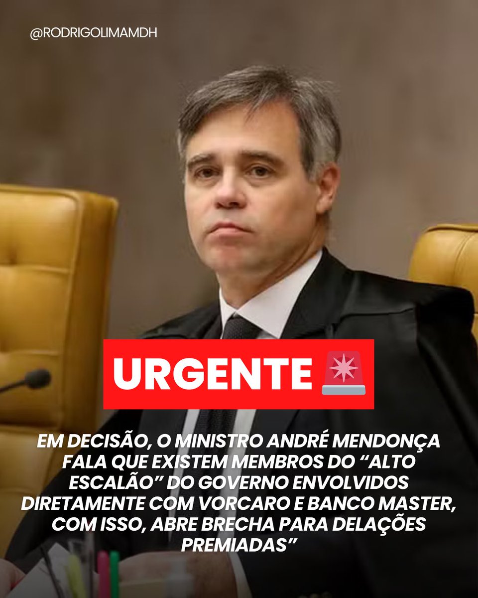 rodrigolimamdh's tweet photo. URGENTE 🚨 

EM DECISÃO, O MINISTRO ANDRÉ MENDONÇA FALA QUE EXISTEM MEMBROS DO “ALTO ESCALÃO” DO GOVERNO ENVOLVIDOS DIRETAMENTE COM VORCARO E BANCO MASTER, COM ISSO, ABRE BRECHA PARA DELAÇÕES PREMIADAS” https://t.co/Pt38RSJVZU