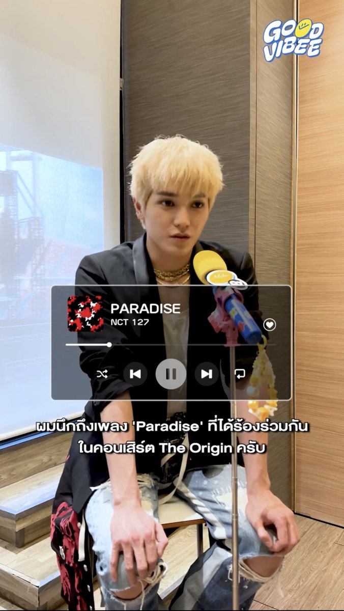 Q.เพลงที่เป็นตัวแทนของแทยง
แทยง: ลองมาหลายคอนเซปแล้ว แต่ไม่แน่ใจอันเหมาะ แต่ถ้าให้เลือกคงเป็น Kick it

Q.เพลงที่เป็นความทรงจำดีๆ
แทยง: Paradise ที่ร้องด้วยกันตอน The Origin เพราะเป็นเพลงสดใส แล้วก็ได้ทัวร์คอนครั้งแรกกับเมมเบอร์ ความรู้สึกที่ได้ทำความฝันให้เป็นจริงมันดีมาก

#แทยง