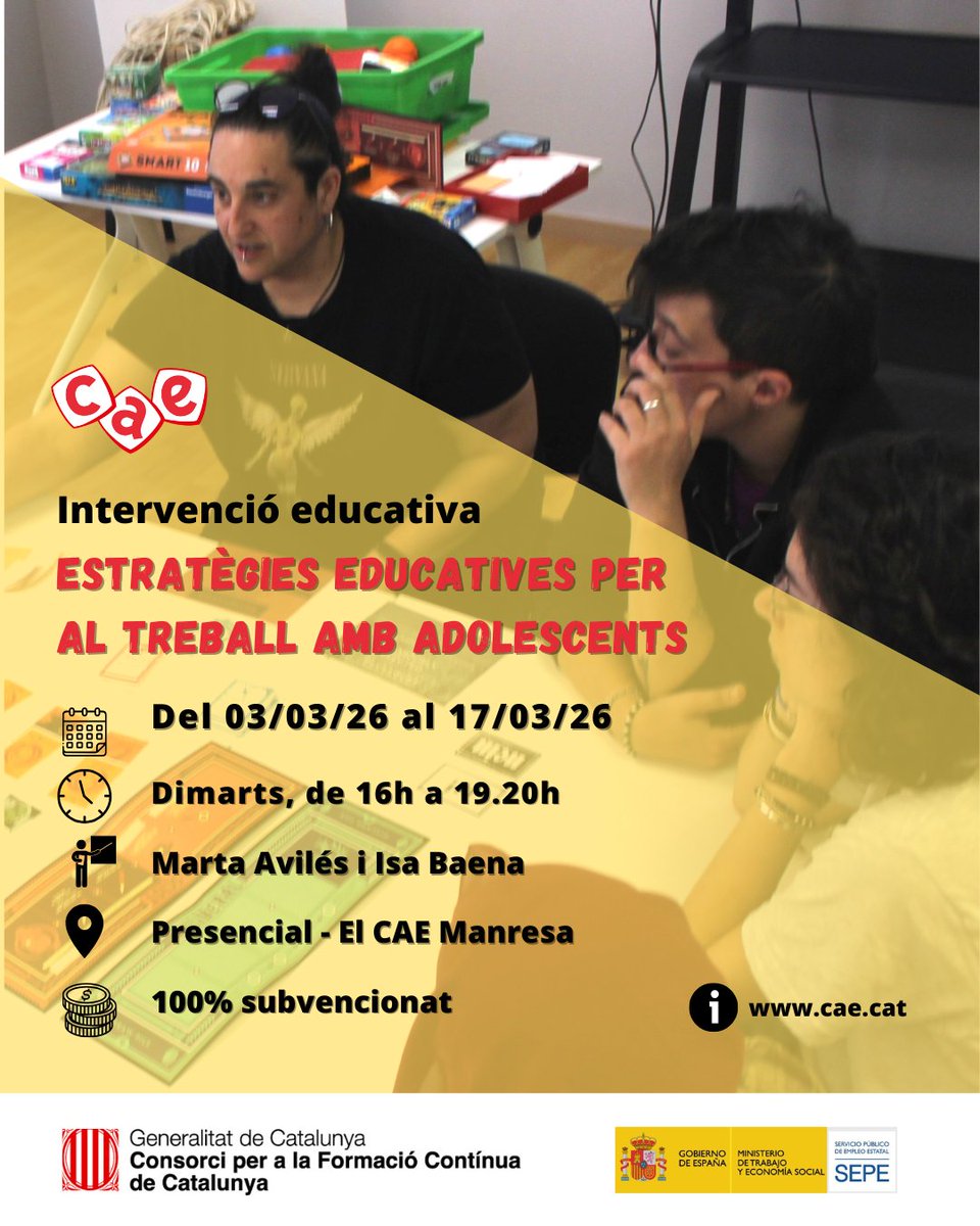 caemanresa's tweet image. A punt els propers cursos del #CAE, x crèixer personalment o com a professional socioeducatiu i del #lleure i reforçar competències clau:
🟡 Estratègies educatives per al treball amb adolescents, x comprendre seves dinàmiques, motivacions i necessitats: lnkd.in/ePHCpbGM
