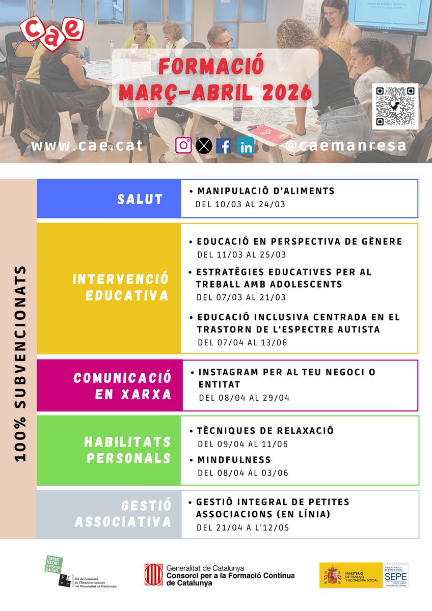 caemanresa's tweet image. A punt els propers cursos del #CAE, x crèixer personalment o com a professional socioeducatiu i del #lleure i reforçar competències clau:
🟡 Estratègies educatives per al treball amb adolescents, x comprendre seves dinàmiques, motivacions i necessitats: lnkd.in/ePHCpbGM