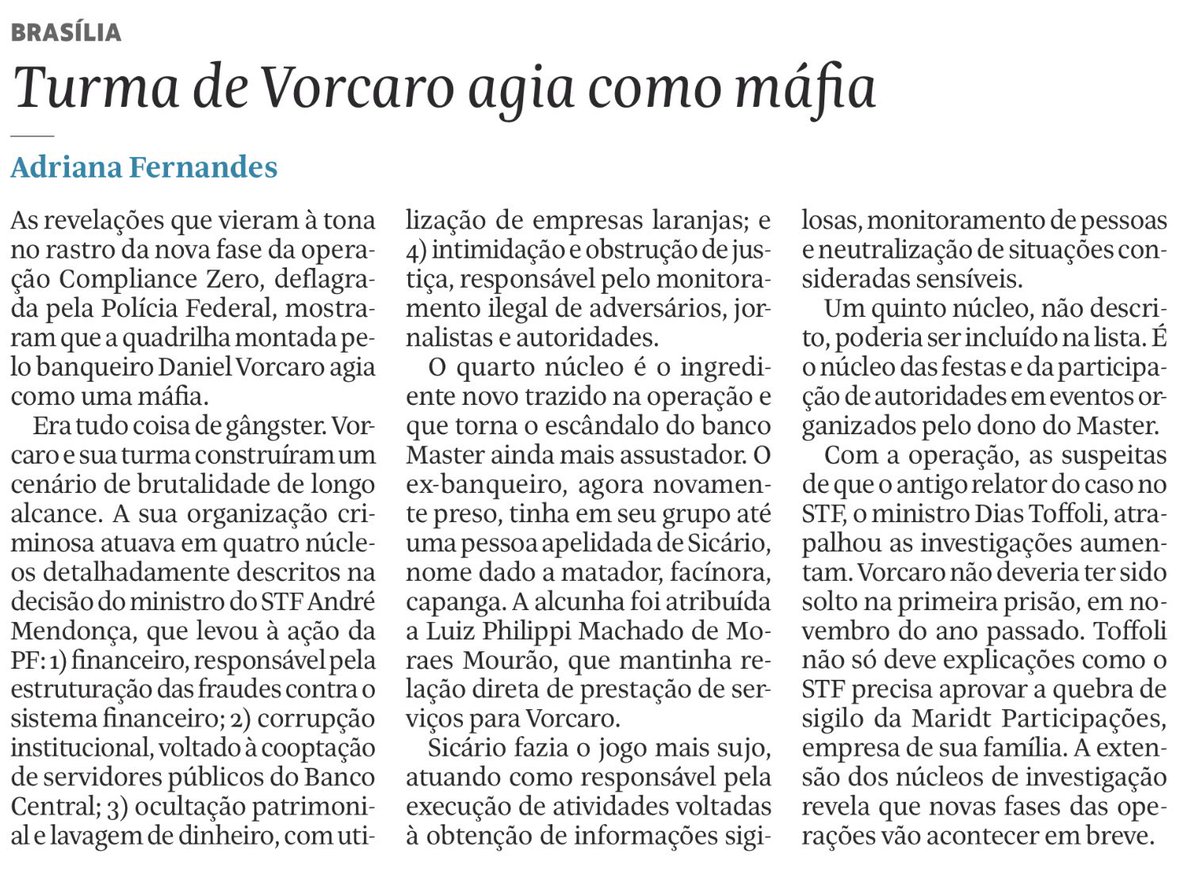 Grande <a href="/AFernandes/">Adriana Fernandes</a> .
Aí fica a dúvida - quem é pior, Vorcaro ou os supremos que o protegem?