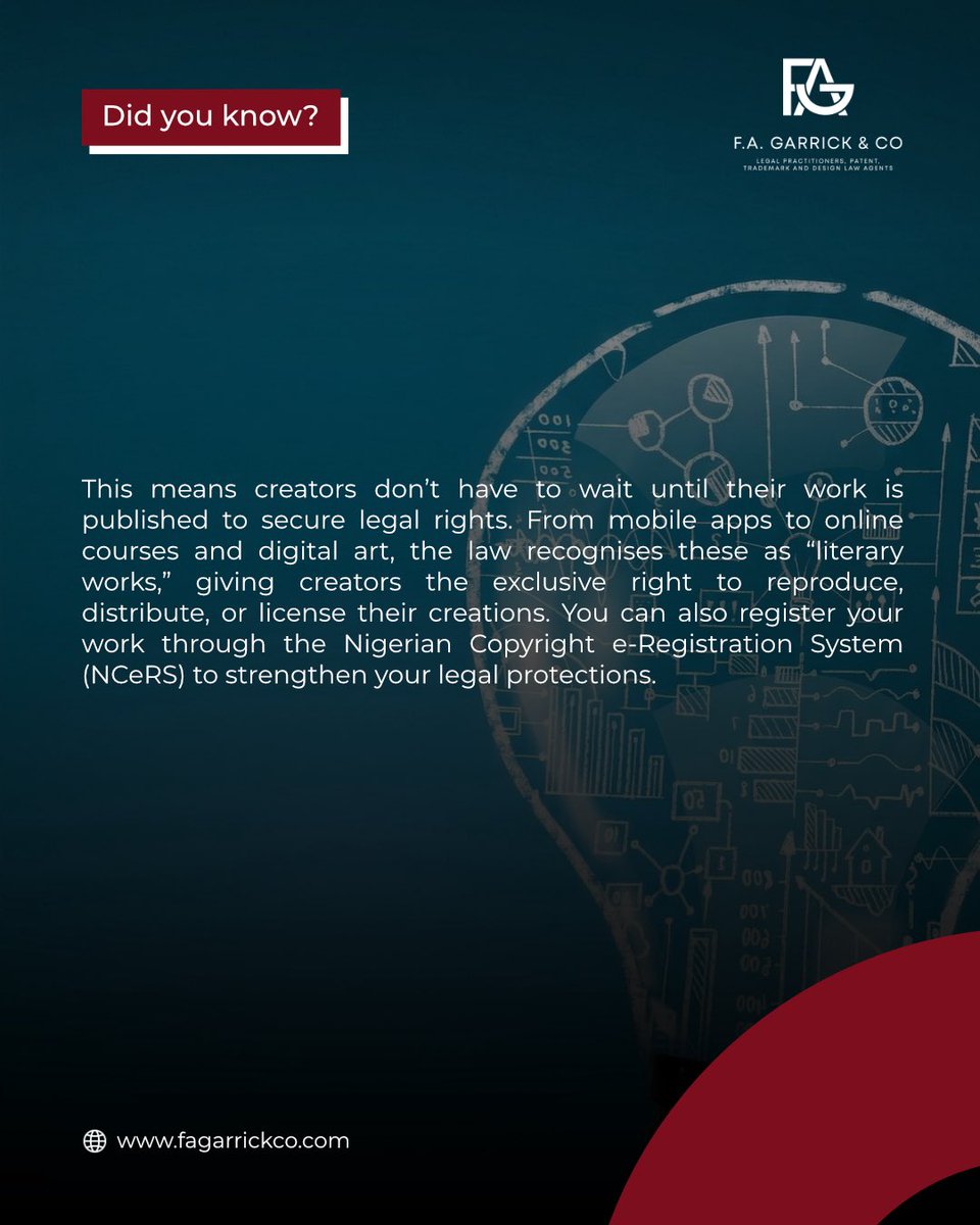FA_GarrickandCo's tweet photo. Protection begins at the moment of creation no publication required. This gives creators the immediate, exclusive right to reproduce and license their work. For enhanced legal security and enforcement, registration through the Nigerian Copyright e-Registration System (NCeRS) is https://t.co/gsEKDAynGi