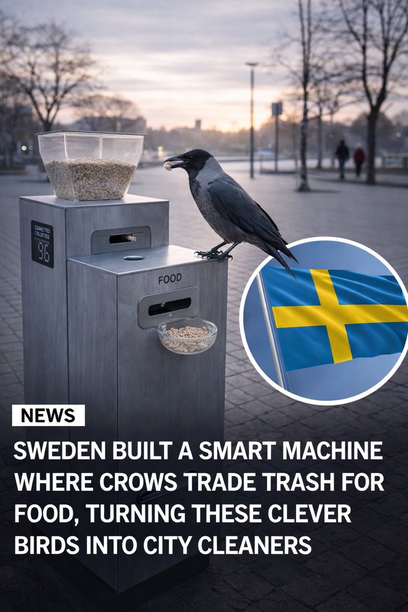 sciencegirl's tweet photo. Swedish Startup Tested a Machine That Rewards Crows for Picking Up Cigarette Ends 

A Swedish startup called Corvid Cleaning developed a prototype machine that rewards crows with food for dropping cigarette ends into a slot. A camera verifies the item, and the bird receives a small food reward.

The idea is to reduce cigarette litter, one of the most common forms of street waste. Crows were chosen because they are highly intelligent and capable of learning tasks through trial and reward.

The concept was proposed as a pilot project in Sweden, but it was never widely implemented by cities. It remains an experimental idea