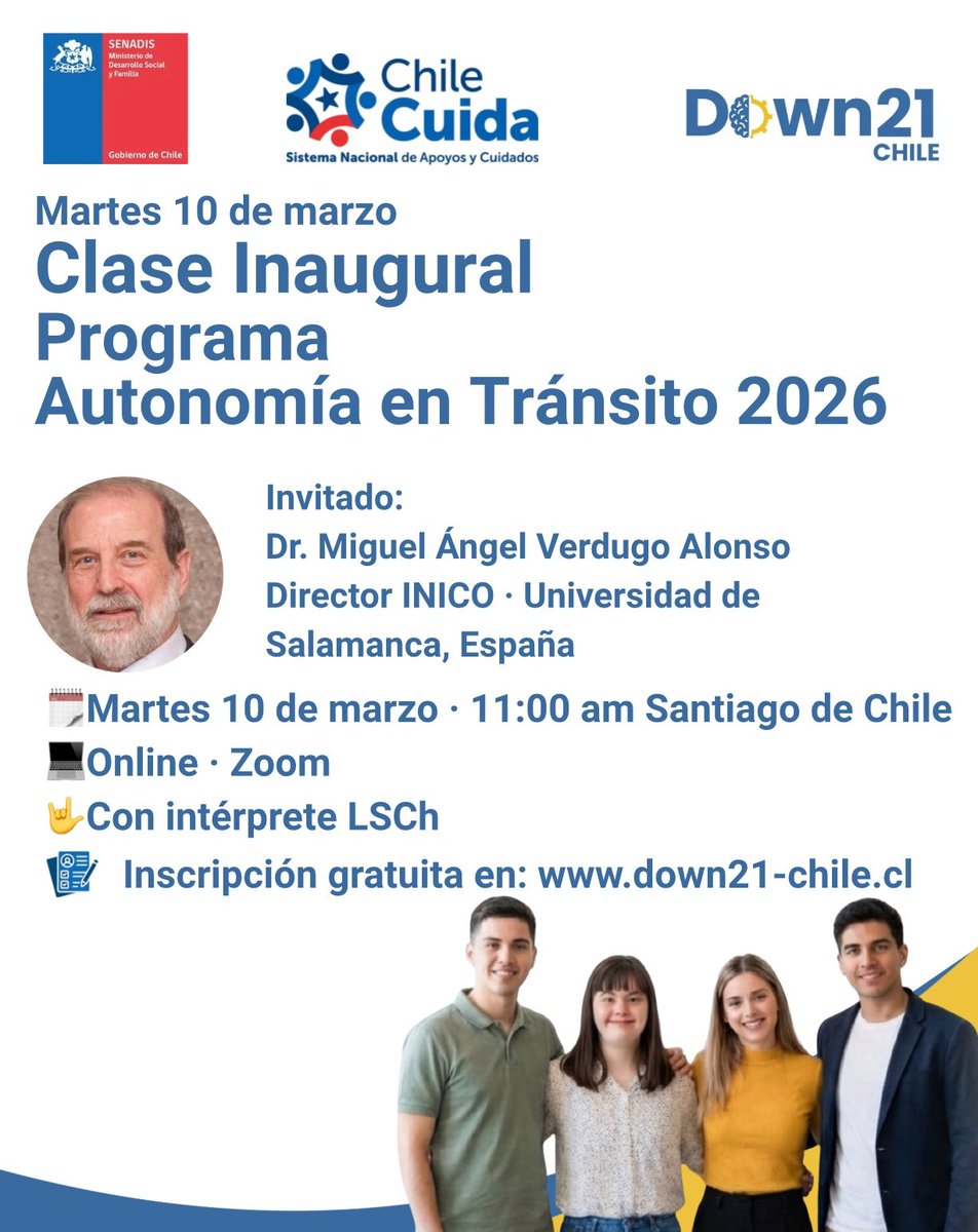 · 11:00 am · Hora Santiago de Chile
🤟 Con intérprete de Lengua de Señas Chilena
✅ Actividad completamente gratuita
👉 Inscríbete en down21-chile.cl  <a href="/senadis_gob/">Senadis Chile</a>