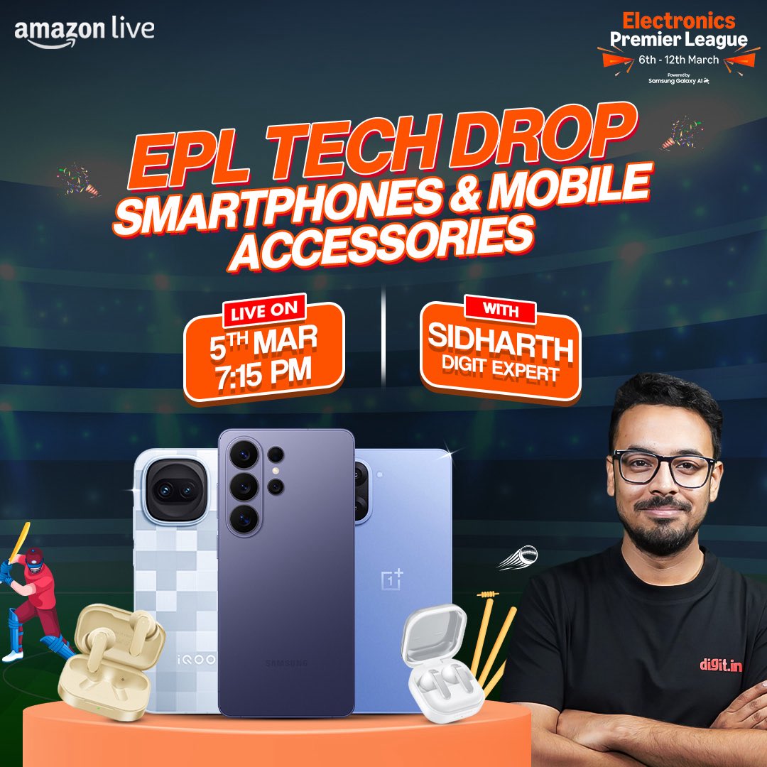 digitindia's tweet image. EPL Tech Drop is here!
Siddharth is going LIVE on March 5 at 7:15 PM with the best smartphones and mobile accessories.

Join here: amazon.in/live/broadcast…

#AmazonLive #EPLTechDrop #Smartphones #TechDeals #TechLive