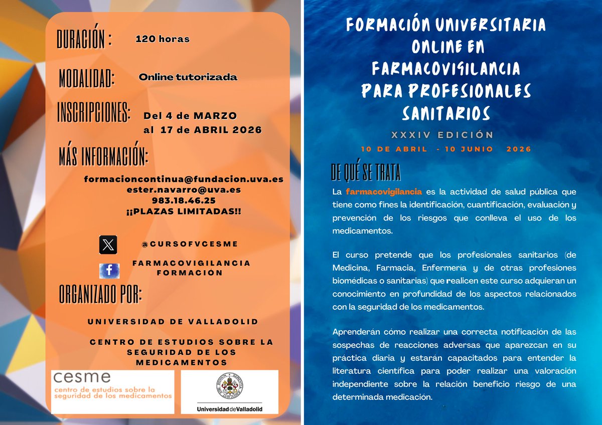 cursofvcesme's tweet photo. XXXIV CURSO ONLINE DE #farmacovigilancia 

🔖Título expedido por la @UVa_es
🎓Formación universitaria online tutorizada. 4 ECTS
🗒️Inscripciones abiertas. Aprovecha el Early Bird.
 👉+info https://t.co/IaZZMzuPqn
 Plazas limitadas a 25 
Dudas a curso.fv.cesme@uva.es https://t.co/tKVFjegC6s