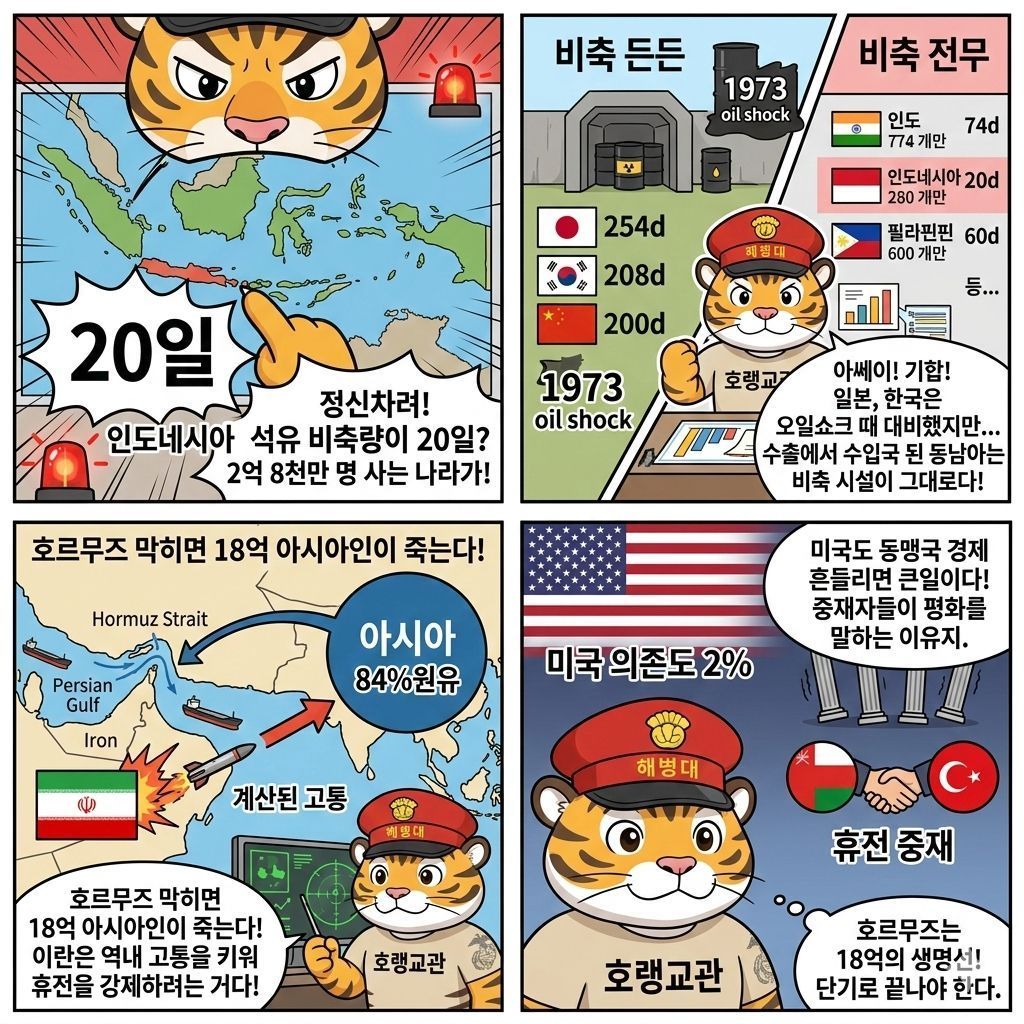 block_atom's tweet photo. 1. 인도네시아, 석유 비축량 20일,

즉 2.8억 명이 사는 나라가 석유 공급이 끊기면 20일 만에 바닥난다. 

2. 일본 254일, 한국 208일, 중국 200일.
여기까지만 보면 "아시아 괜찮네" 싶다.

근데 진짜 문제는 그 아래다.
인도 74일, 태국 61일, 필리핀 60일, 인도네시아 20일, 베트남 15일.

이 나라들의 공통점이 뭘까?
인구다. 인도 14억, 인도네시아 2.8억, 필리핀 1.1억.. 합치면 18억 명이다.

3. 1973년 오일쇼크 때 일본이 뭘 했는지 기억하는가? 비축 시스템을 만들었다. 그래서 지금 254일이다. 반면 동남아 국가들은 그때 석유 수출국이었다. 비축이 필요 없었다. 그런데 50년이 지나 상황이 완전히 뒤집혔다. 수출국이 수입국이 됐는데, 비축 인프라는 그대로다.

호르무즈 해협을 통과하는 원유의 84%가 아시아로 향한다. IEA 권고 기준이 90일인데, 18억 인구의 대응 역량은 그 절반도 안 된다.

3. 그래서 미국과 이란, 둘 다 지금 앞에서는 으르렁거리지만 뒤로는 화해의 출구를 찾고 싶을 수밖에 없다.

이란의 전략은 명확하다. 걸프 국가들의 에너지 인프라를 때려서 지역 전체의 고통을 끌어올리고, 그 압력으로 미국에게 휴전을 강제하는 것이다. 실제로 2025년 6월 전쟁 때 이란이 카타르 알우데이드 기지를 타격하자, 그날 트럼프가 휴전을 선언했다.

ECFR(유럽외교협회)의 분석 "이란은 지역의 고통 임계점을 끌어올려 휴전을 강제하려 한다. 정권이 서 있는 동안에."

미국도 마찬가지다. 호르무즈가 막히면 피해는 미국이 아니라 아시아 18억 인구에게 간다. 미국의 호르무즈 의존도는 전체 소비의 2%에 불과하다. 하지만 아시아 동맹국들의 경제가 흔들리면? 스태그플레이션이 발생하면? 그건 미국의 문제가 된다.

오만 외무장관 알부사이디는 공습 직전까지 "평화가 눈앞에 있다"고 말했다. 터키 외무장관 피단도 휴전 중재에 나서고 있다. 양쪽 모두 확전을 원하지 않는다는 신호다.

물론 최고지도자가 사망한 상황에서 이란 내부 정치가 어떻게 흘러갈지는 아무도 모른다.. 하지만 나는 이게 단기 이슈로 끝나기를 기도한다. 18억 명의 에너지 생명선이 끊어지는 시나리오는.. 누구도 감당할 수 없으니까.