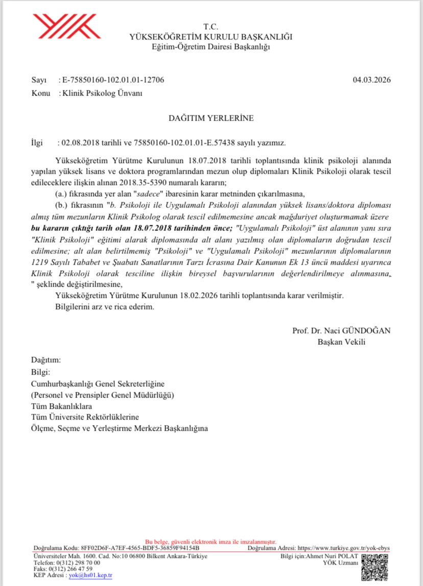 📢 Bir kez daha gördük ki hak aramak sonuç verir!

YÖK’ün Klinik Psikolog unvanına ilişkin son yazısında, psikoloji/uygulamalı psikoloji  alan adları altında klinik psikoloji yüksek lisans ve doktorası yapmış olan meslektaşlarımızın diplomalarının tesciline karar verilmiştir.