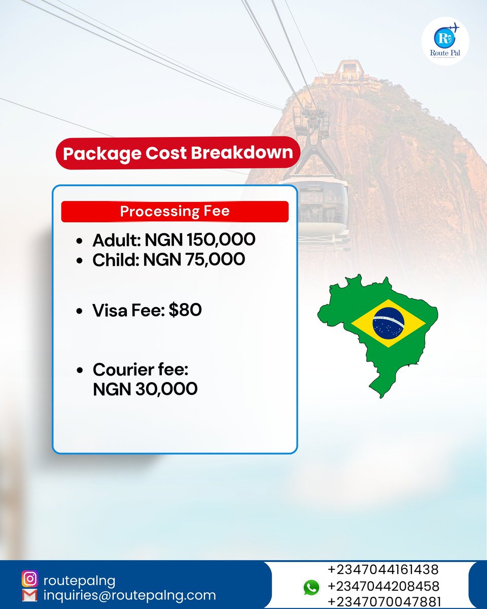 Routepalng's tweet photo. You can now get your Brazil   🇧🇷
visa with quick and easy processing in just 7 to 10 working days.

Requirements
• International passport
• Passport photograph
• Bank statement
• Work details

Start your application with N150,000.

Ready to Apply?

Send a DM  to get started. https://t.co/FpMlZ3OWKz