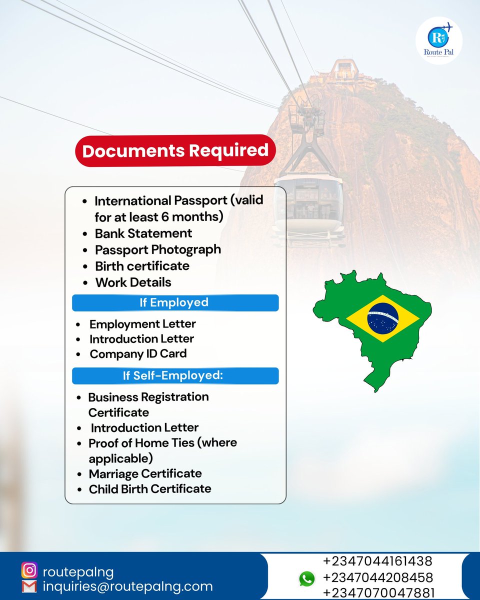 Routepalng's tweet photo. You can now get your Brazil   🇧🇷
visa with quick and easy processing in just 7 to 10 working days.

Requirements
• International passport
• Passport photograph
• Bank statement
• Work details

Start your application with N150,000.

Ready to Apply?

Send a DM  to get started. https://t.co/FpMlZ3OWKz