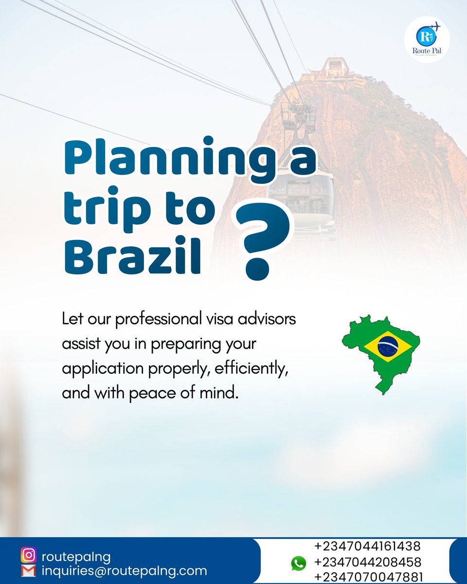 Routepalng's tweet photo. You can now get your Brazil   🇧🇷
visa with quick and easy processing in just 7 to 10 working days.

Requirements
• International passport
• Passport photograph
• Bank statement
• Work details

Start your application with N150,000.

Ready to Apply?

Send a DM  to get started. https://t.co/FpMlZ3OWKz