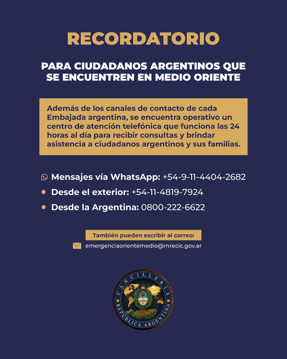 Recordatorio para ciudadanos argentinos que se encuentren en Medio Oriente 👇