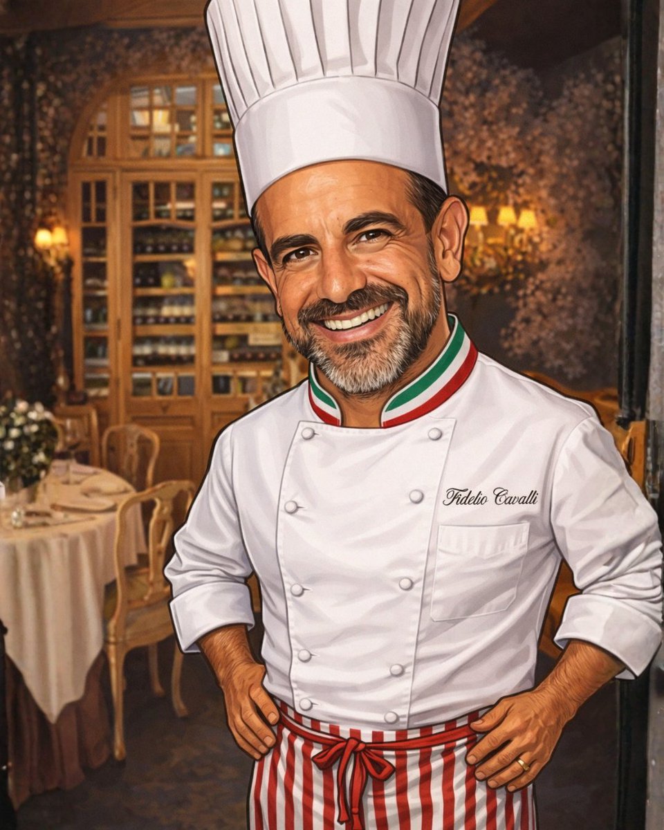 qrart2030's tweet photo. Fidelio Cavalli at the Numa Pompilio Restaurant 🇮🇹 in Madrid 😉
#portraitist #fideliocavalli #CaricaturaViral #caricatureartist #AICaricature #TrendIA https://t.co/Iu05uvkVmm