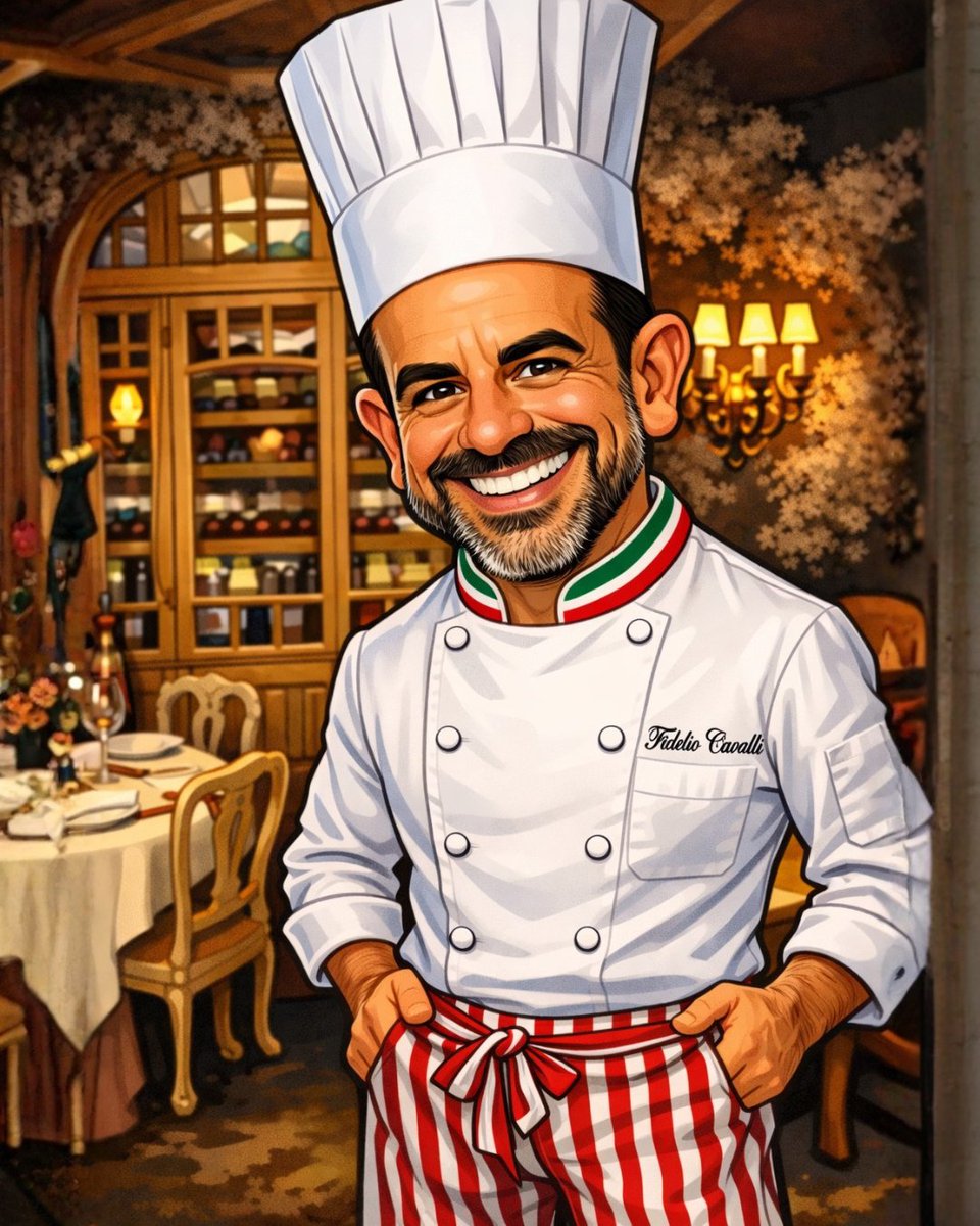 qrart2030's tweet photo. Fidelio Cavalli at the Numa Pompilio Restaurant 🇮🇹 in Madrid 😉
#portraitist #fideliocavalli #CaricaturaViral #caricatureartist #AICaricature #TrendIA https://t.co/Iu05uvkVmm