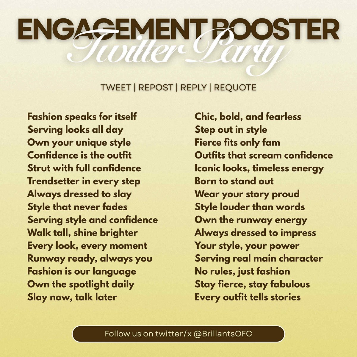 Hey, Brillants!  Join our first engagement booster.  

 Stay tuned to <a href="/BrillantsTrends/">BRILLANTS TRENDSETTER</a> as our trendsetter organizes  the trending party tonight. 

ANDREA BRILLANTES
#ASecretInPragueTrailer