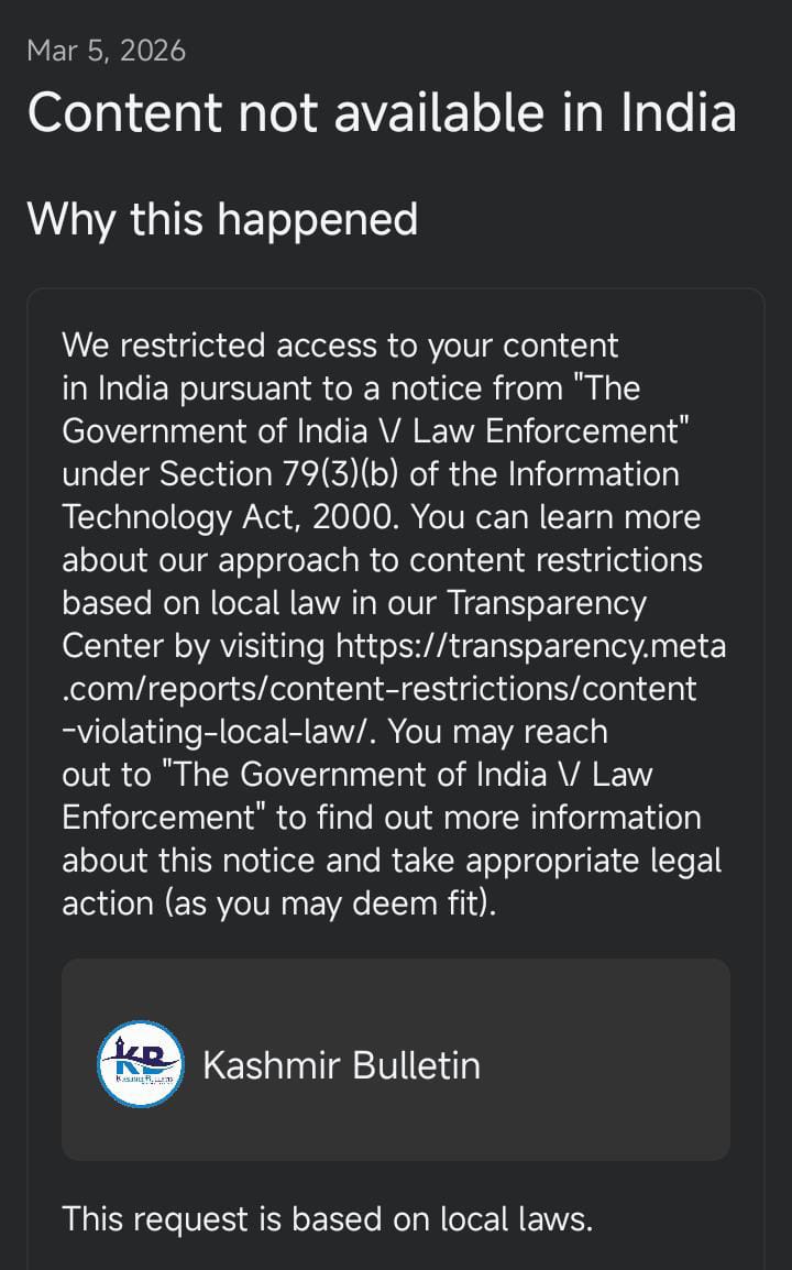 KB_Bulletin's tweet photo. Our #Facebook Page has been restricted in India following a legal notice under the IT Act. https://t.co/2s4tzefUTx