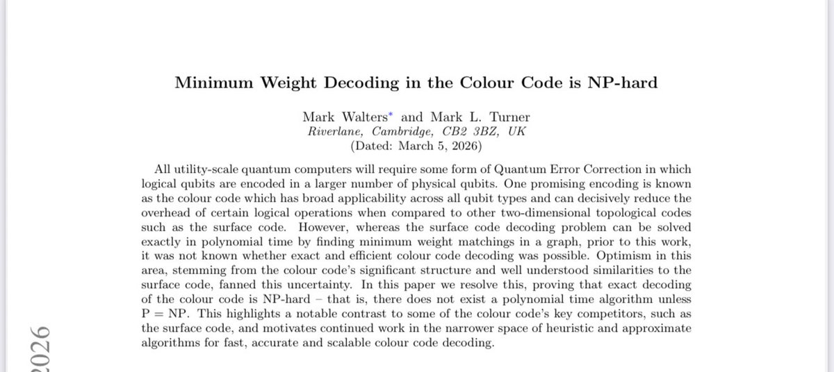 $IonQ Colour code decoding is officially NP-hard. New proof from ...