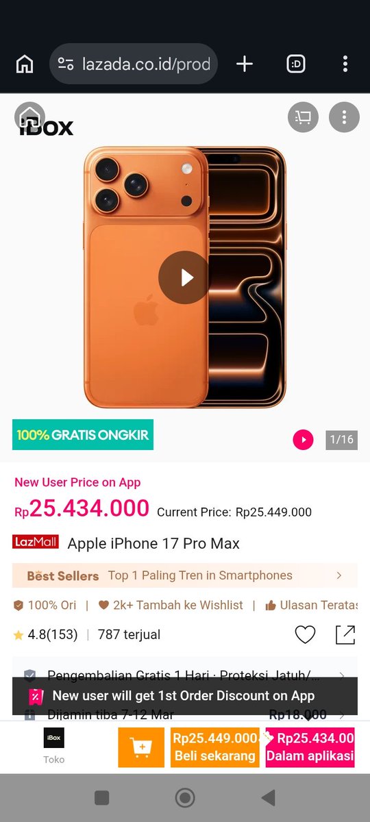 yang bener aja ini 😭 lagi scroll Lazada malah nemu IPhone 17 Diskon buat iPhone 17 Pro Max dari iBox. harganya jadi sekitar 25 jutaan, padahal biasanya lebih mahal. ini gara-gara lagi lazada 3.3 ramadan mega sale sih, jadi makin kepikiran buat upgrade hp

lazada.co.id/products/pdp-i…