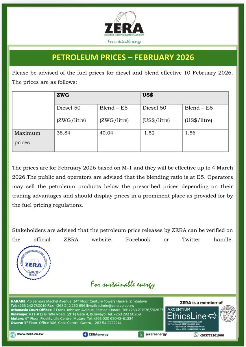 The fuel increases  are far larger than recent global fuel price movements. 
Diesel especially is having 16% hike … placing Zimbabwe prices at 30-40% above global and regional averages😩😩

The revision has little to do with global politics and far more to do with opportunistic