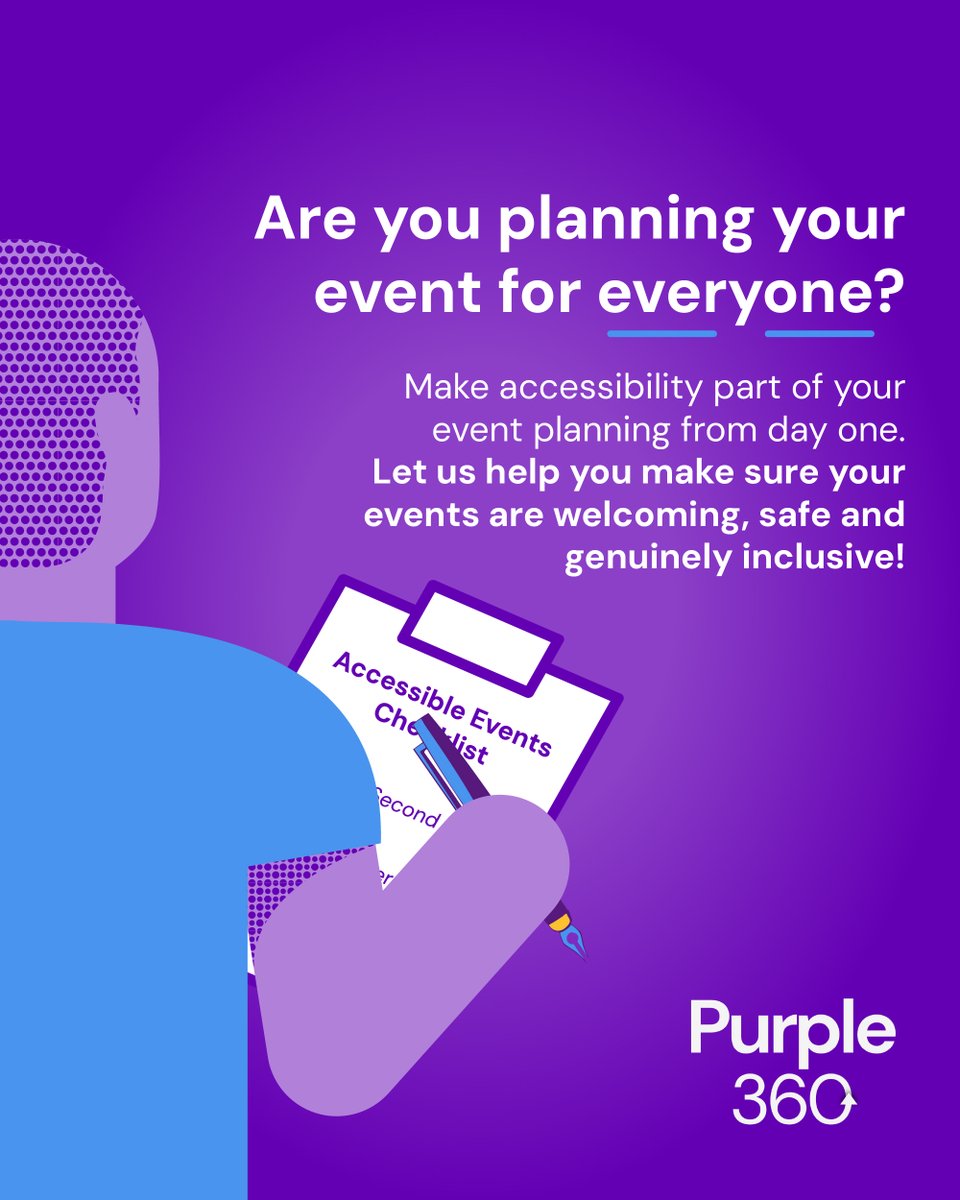 PurpleTuesNov's tweet image. We help organisations design spaces that are welcoming, safe, and accessible through Access Auditing and Training Services. 

Get it right from day one: purpletuesday.co/Our-Services/O…

#Accessibility #InclusiveEvents #EventPlanning #DisabledCustomers #AccessAuditing #Purple360