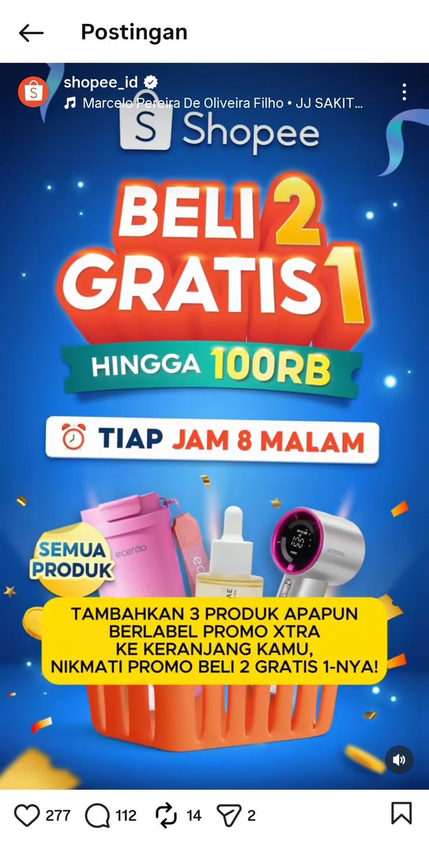 armaaasbs's tweet photo. lumayan banget promo shopee kali ini beli 2 gratis 1 loh, sayang kalo kelewat yuk set alarm jam 8 🤠📢 #ShopeeBeli2Gratis1Jam8Malam https://t.co/ddc7z26lrU
