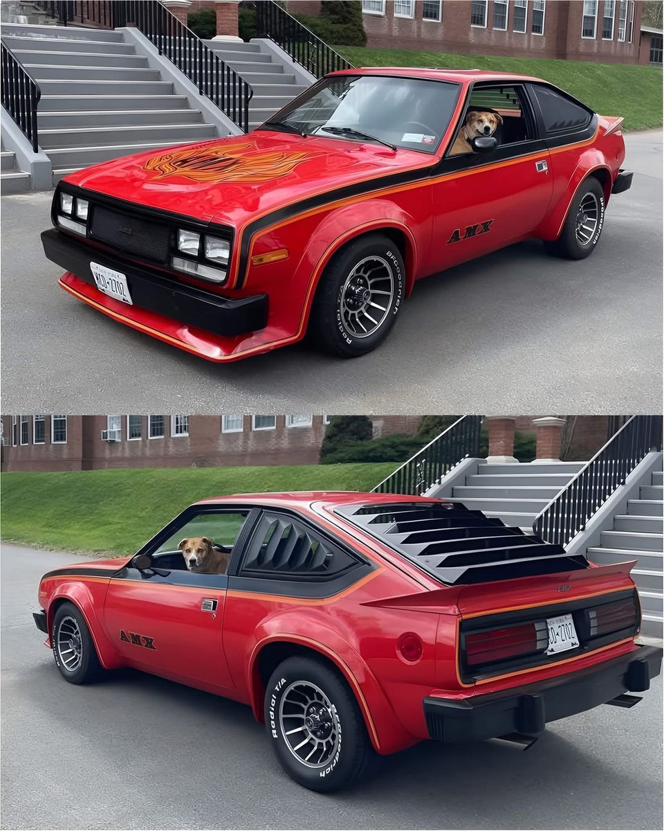 HappyMotorhead's tweet photo. Who needs a time machine when you've got this fiery 1979 AMC Spirit AMX rolling up with flames, flares, louvers, and the best co-pilot ever? πΆπ₯ What's your dream ride-along buddy? #AMC #SpiritAMX #ClassicMuscle #DogLife https://t.co/srCIOU5vSc