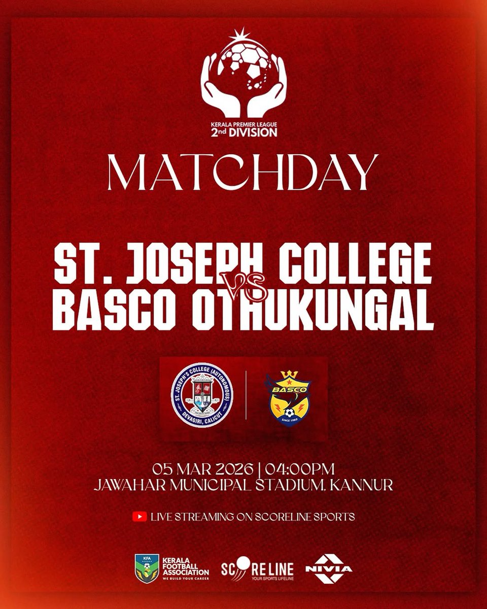 2nd Division Kerala Premier League 2025-26🏆

Match 14: St.Joseph College vs Basco Othukungal

Time : 04:00 PM. 
Venue : Jawahar Municipal Stadium, Kannur

Live stream : @scoreline_sports official YouTube channel.

#keralapremierleague #kpl2 #keralafootballassociation