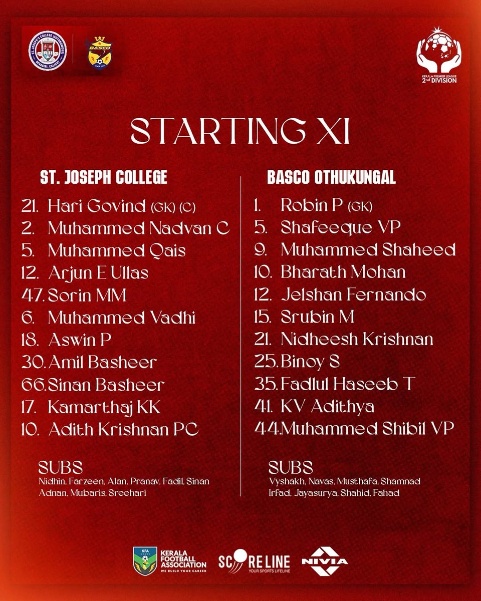 𝑺𝒕𝒂𝒓𝒕𝒊𝒏𝒈 𝑿𝑰 📋

2nd Division Kerala Premier League 2025-26 🏆

Match 14: St.Joseph College vs Basco Othukungal

#keralapremierleague #kpl2 #keralafootballassociation #indianfootball