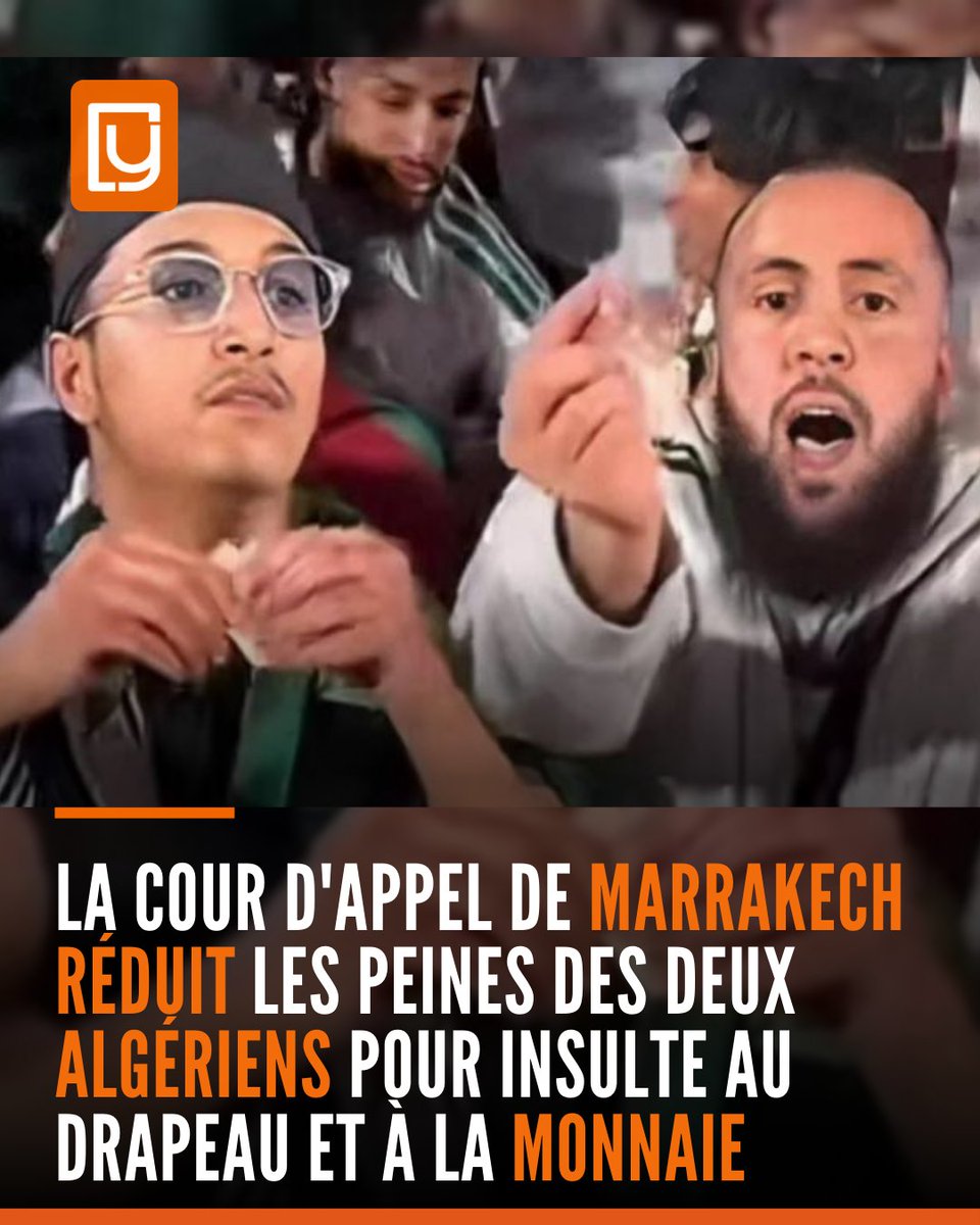 yabiladi_fr's tweet image. La Cour d'appel de Marrakech réduit les peines des deux Algériens pour insulte au drapeau et à la monnaie⚖️🇩🇿
🔗 : yabiladi.com/articles/detai…

#Marrakech #CourDAppel #Justice #Maroc #Algérie