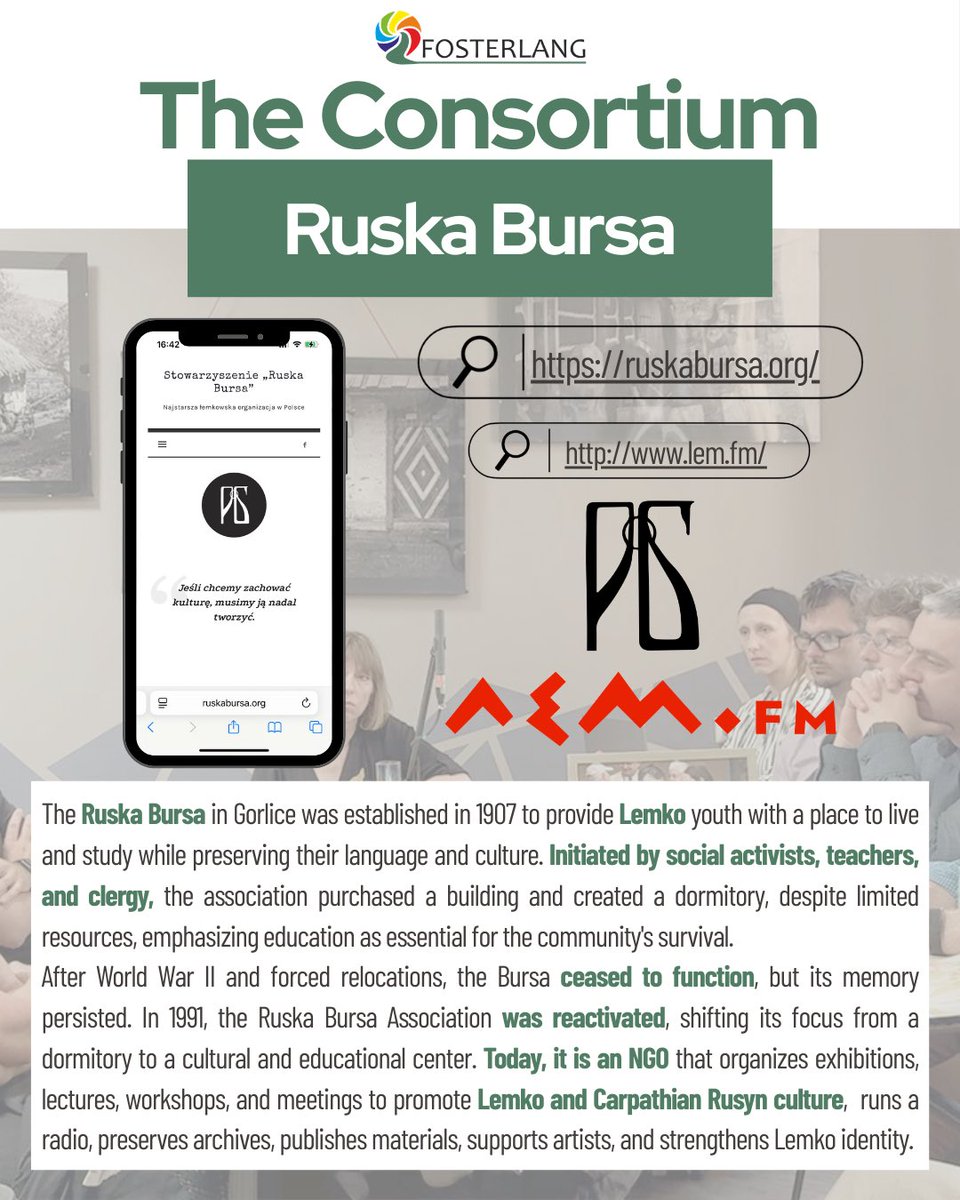FOSTERLANG_EUR's tweet photo. Meet the FOSTERLANG Consortium: Ruska Bursa (Gorlice 🇵🇱). Founded 1907 to support Lemko youth in education & culture, reactivated 1991 as a cultural & educational NGO promoting Lemko language, identity & arts 🌱 #FOSTERLANG #LemkoCulture #LanguagePreservation https://t.co/fMup11dPJ1