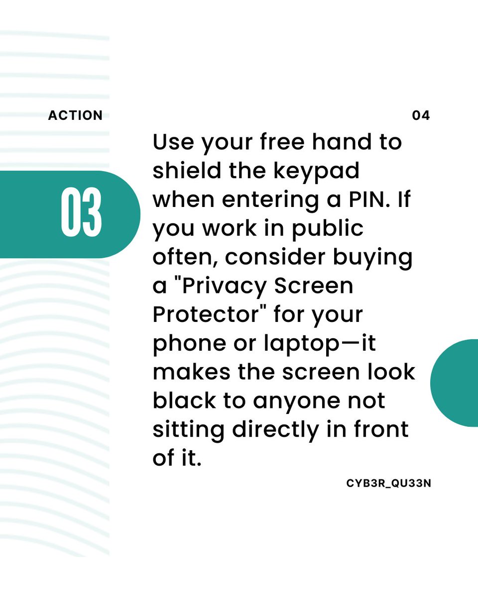 Cybersecurity isn't just about hackers in dark rooms; sometimes they’re standing right behind you in line! Whether you're at the ATM or logging into Facebook at a cafe, protect your screen from prying eyes.

#shouldersurfing #visualprivacy #publicsafety #cybersecuritytips