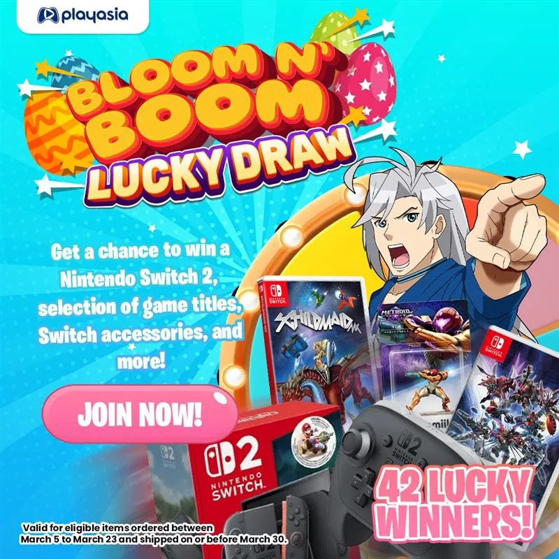 PhysicReleases's tweet image. The Ultimate Grand Prize: Spring Sale Raffle Draw!
Place an order between March 5–23 at Playasia. Earn Tickets: Every eligible Spring Sale promo item in your order earns you one raffle ticket.

Spring Sale: play-asia.com/clearance/00/7…

#NintendoSwitch #PlayStation4 #PlayStation5
