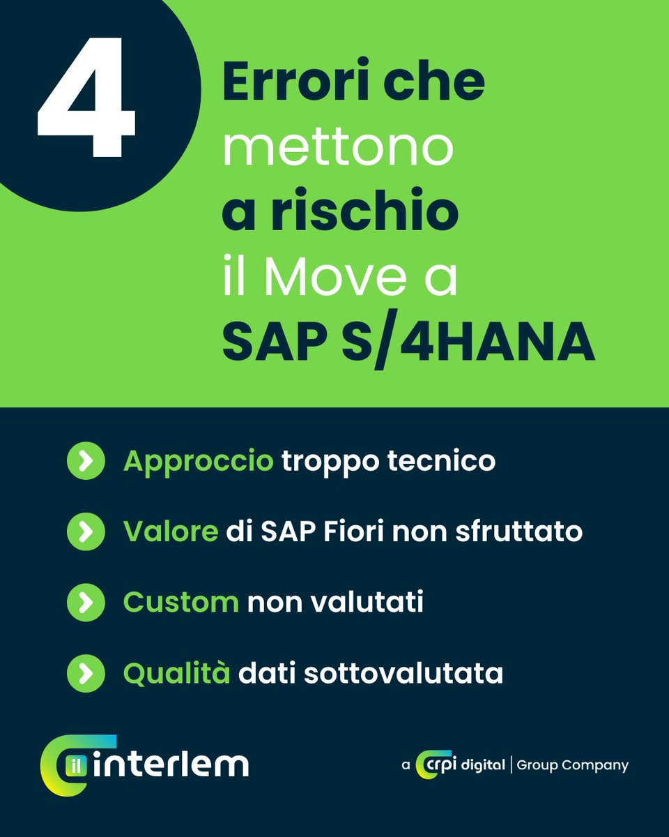 Interlem's tweet photo. Il Move a #SAPS4HANA non è una semplice conversione tecnica.
Ci sono errori che si ripetono spesso: approccio troppo tecnico, custom non valutati, dati sottovalutati, valore di #SAPFiori non sfruttato.

Il 12 marzo ne parliamo nel webinar 👇
 https://t.co/jZJyOtWEcQ

#SAP #ERP https://t.co/XKMfFbVrkS