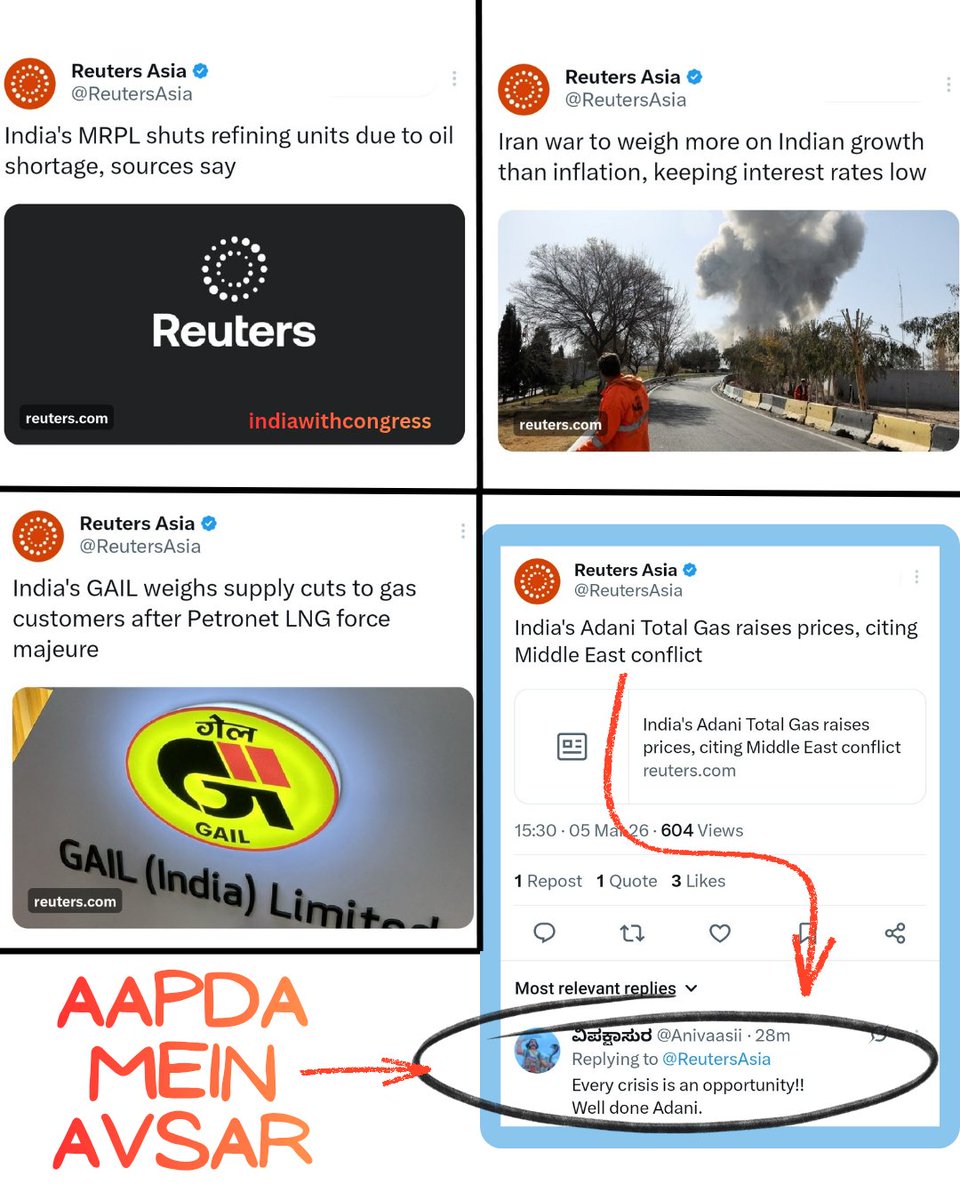 UWCforYouth's tweet image. Refineries shutting.
Gas supply cuts.
Prices rising.

And while the public will struggle, Modiboy #Adani is already celebrating opportunity.

At this rate, Modi isn’t steering the country, he’s going to sink the whole ship.

#CompromisedPM #EpsteinFiles #TradeDeal #Iran #IranWar