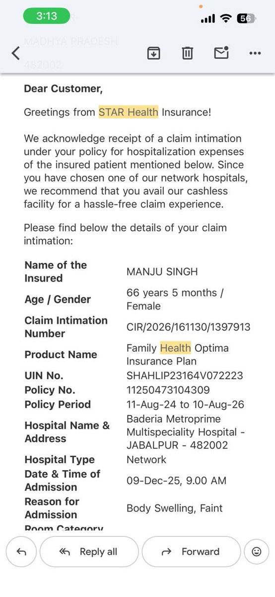 vineet319's tweet photo. @star_orm My father mistaken written Old Claim no which should be corrected by correct Cashless Claim No CIR\2026\161130\1397913

Kindly consider the claim reimbursement based upon aforesaid claim no 

Regards

Mukta Singh https://t.co/DVlfGny36t
