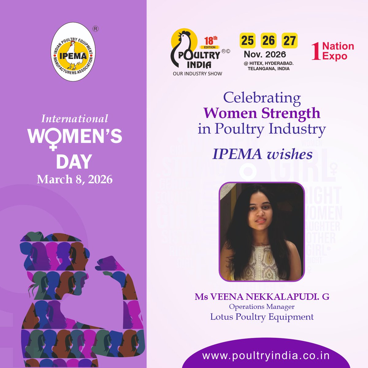 PoultryIndia15's tweet photo. On International Women’s Day, we celebrate the strength, leadership, and achievements of women shaping the poultry industry. IPEMA proudly recognizes Ms. Veena Nekkalapudi G, Operations Manager at Lotus Poultry Equipment, for her valuable contribution to the sector.
#IPEMA #PoultryIndia #VeenaNekkalapudi #InternationalWomensDay #WomensDay2026 #WomenInPoultry #PoultryIndustry #WomenLeadership #WomenEntrepreneurs #WomenEmpowerment #InspiringWomen #AgriLeadership #WomenPower