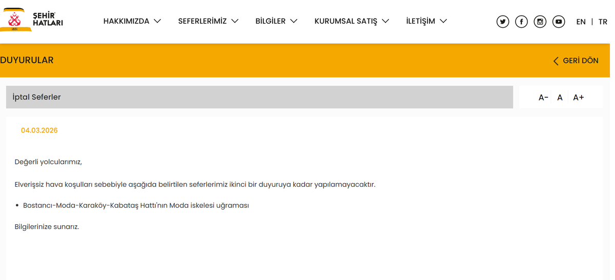 Yalanınızı seveyim <a href="/sehir_hatlari/">Şehir Hatları AŞ</a> <a href="/istanbulbld/">İstanbul Büyükşehir Belediyesi</a> ;
Dün Bostancı'dan kalkan kaptan "bugün gelmeyeceğim"
dediği için Moda iskelesine uğramadı; yoksa hava da deniz de çarşaf gibiydi.
Bugün de keza hava/deniz çarşaf gibi ama iskeleye uğrayan yok.
Milleti salak yerine koymayın.