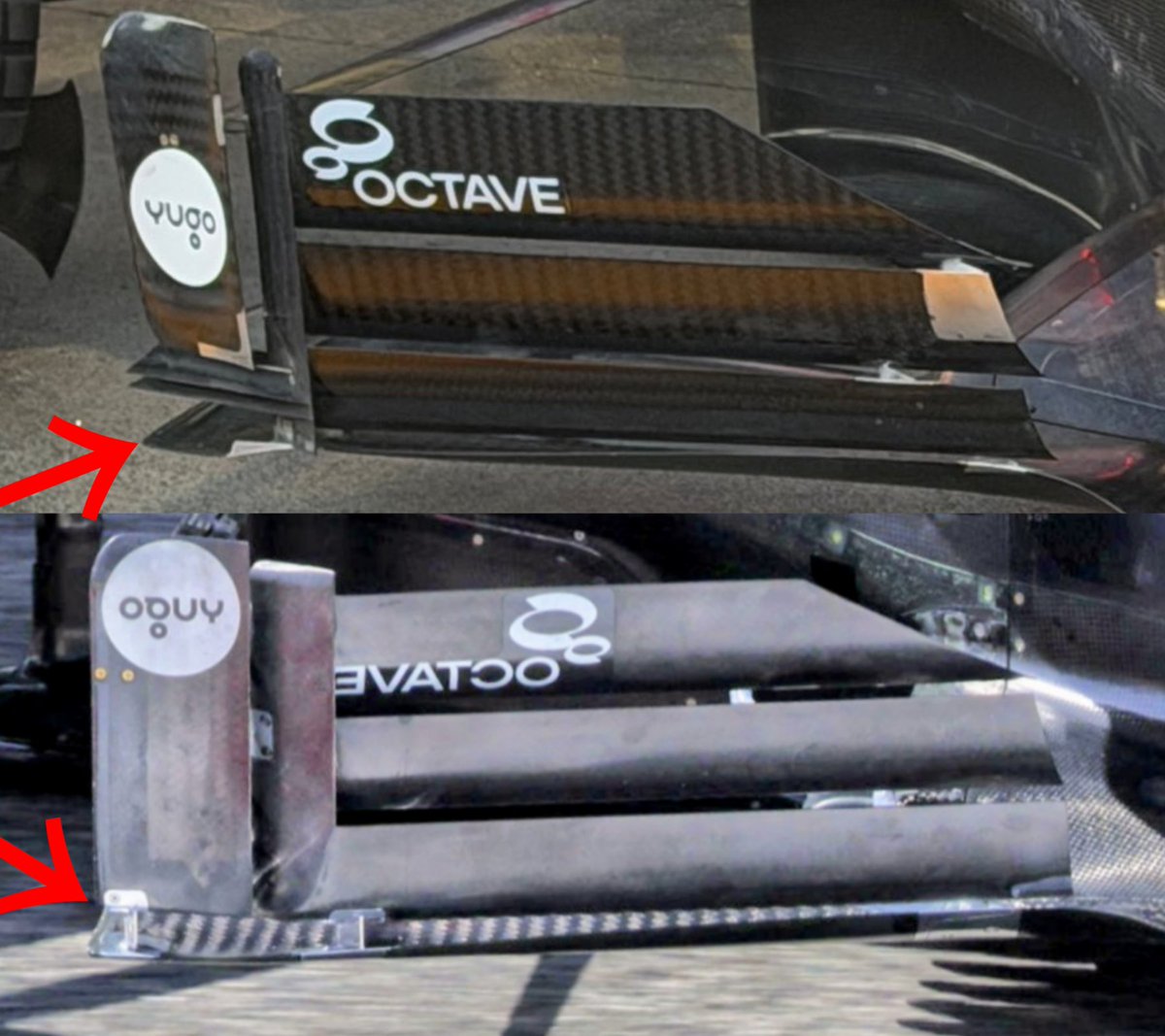 レーシングブルズ #VCARB03
フロアボードの一部がテストからアップデートされている。
下の方のアウトウォッシュを強化してるのと、後ろの方は金属での補強が入っている。ここの開発は今年もっとも盛り上がりそうだ。 #F1の空力メモ