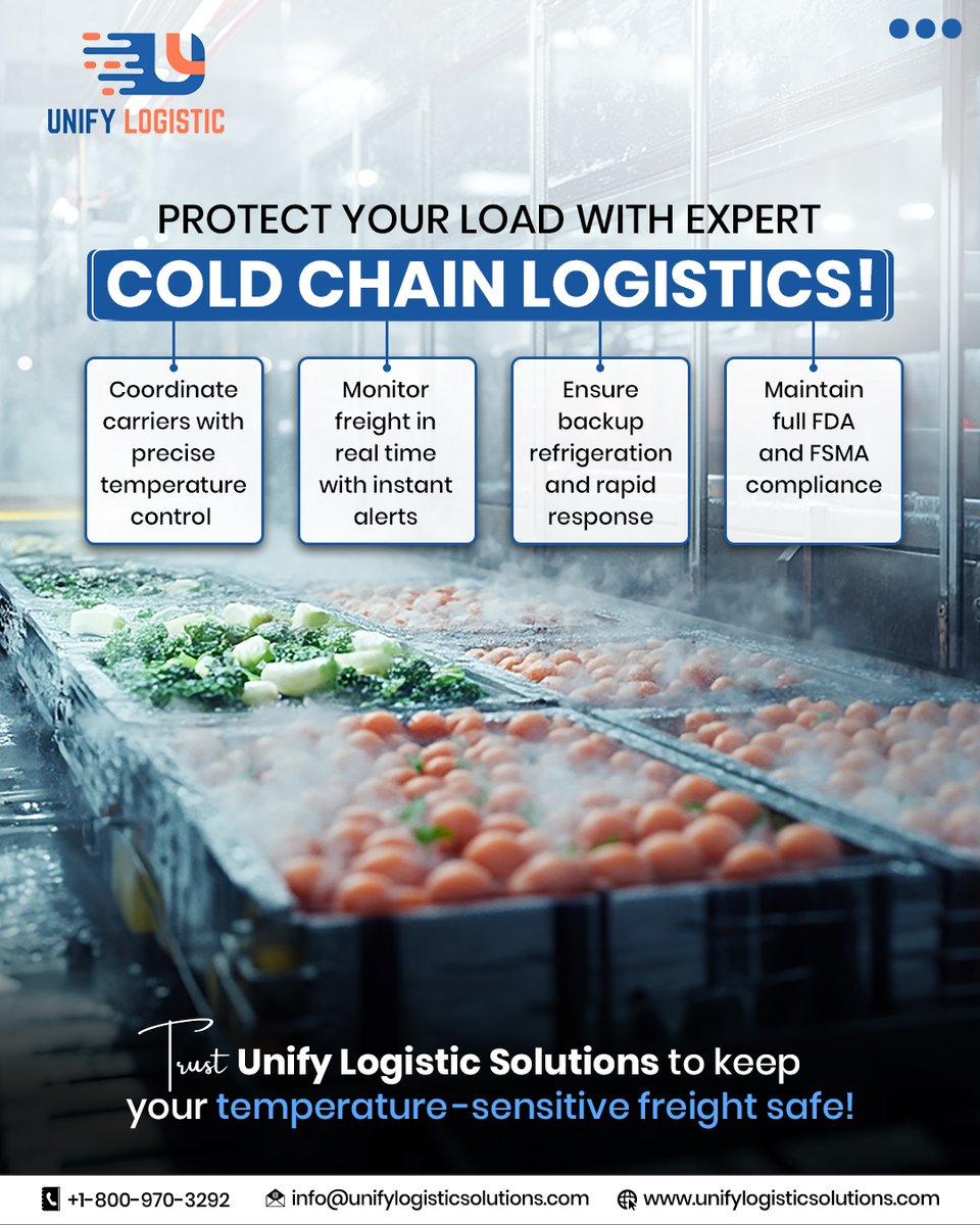 LogisticUnify's tweet image. Every degree matters for fresh and #frozenfreight. #UnifyLogisticSolutions provides trusted carriers, real-time monitoring, and full compliance to keep your #shipments safe. Partner with us for reliable #coldchainlogistics.

#TemperatureControlledShipping #FreightLogistics