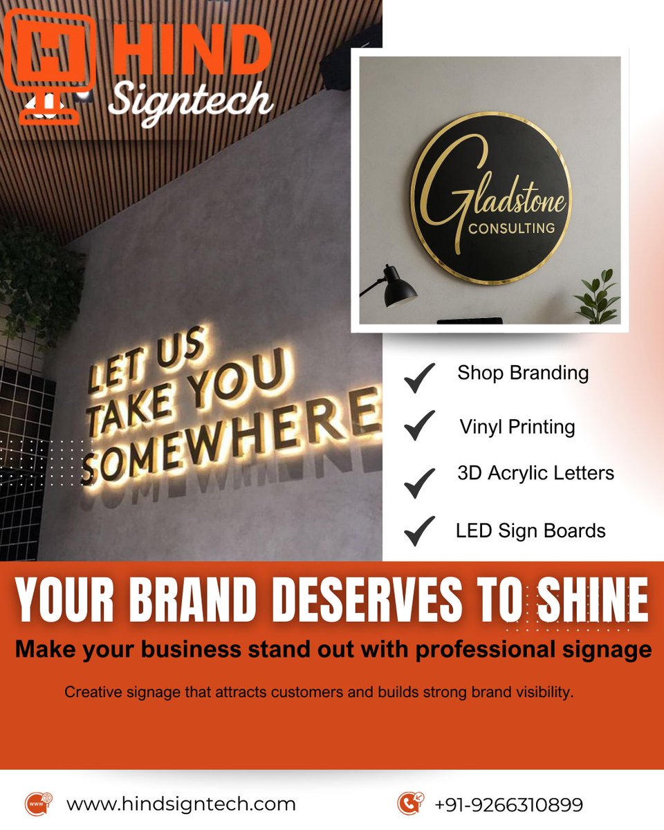 hindSigntech's tweet image. Promotional graphic by Hind Signtech showcasing professional signage services including shop branding, vinyl printing, 3D acrylic letters..#HindSigntech #SignageSolutions #ShopBranding #3DAcrylicLetters #VinylPrinting #LEDSignBoard #BusinessBranding #CustomSignage
