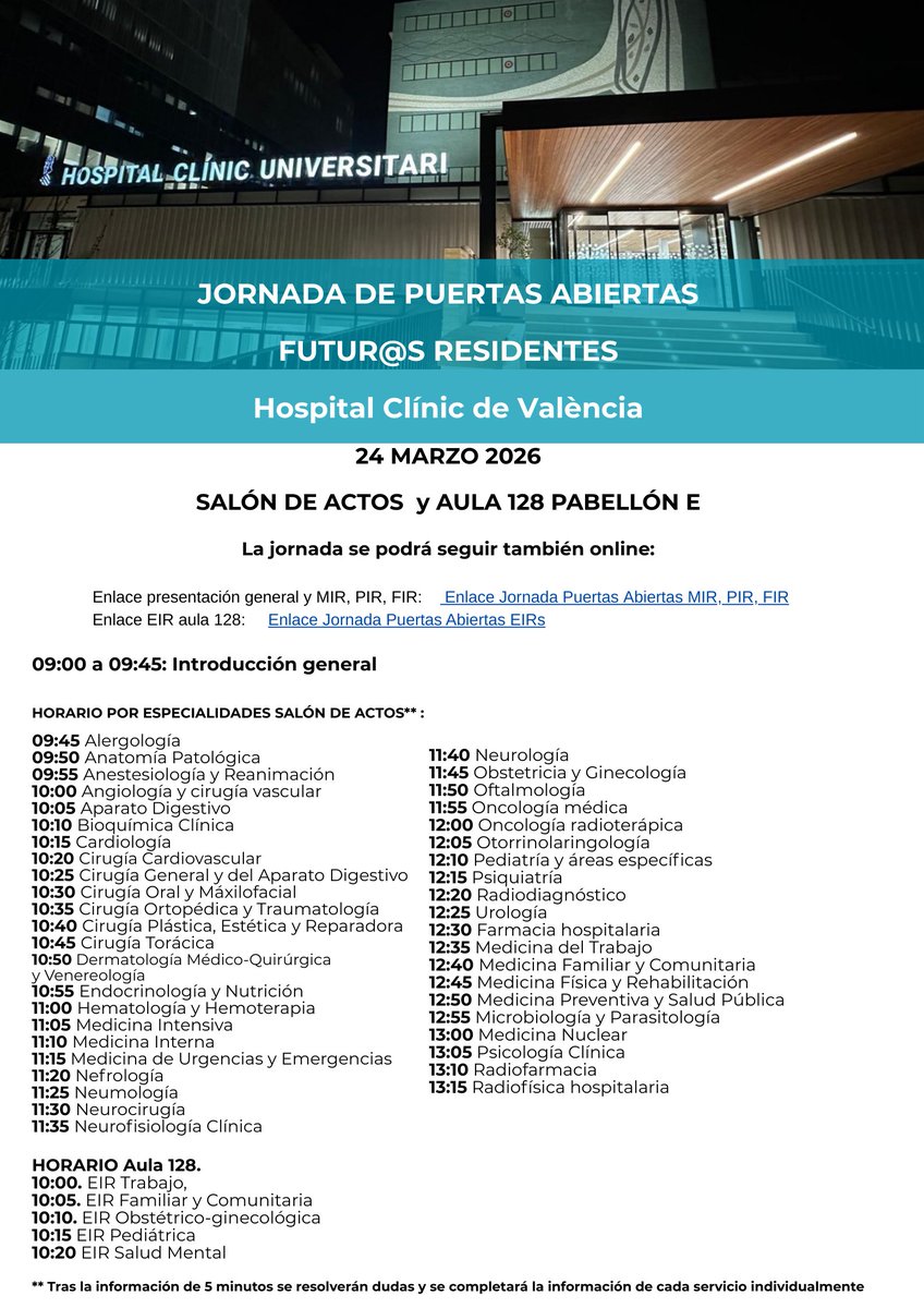 GVAclinic's tweet photo. 🆕 Jornada de Puertas Abiertas para futur@s residentes en el Hospital Clínic de València

🗓️ 24 marzo, a partir de las 9:00, salón de actos

💻 Se podrá seguir también online en estos enlaces:

MIR; PIR; FIR: https://t.co/jaE6IVDbhO

EIR: https://t.co/yYtHLFErkc https://t.co/XZDHAkosU5