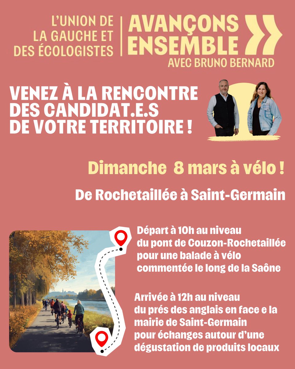 jeremycamus's tweet photo. ☀️ Vous faites quoi dimanche ?
 
🚲 Départ à 10h au niveau du pont de Couzon-Rochetaillée pour une balade à vélo commentée le long de la Saône 

🧀 Arrivée à 12h en face de la mairie de Saint-Germain pour échanges autour d’une dégustation de produits locaux

Prêt.e ? https://t.co/ZGmABxvZs3