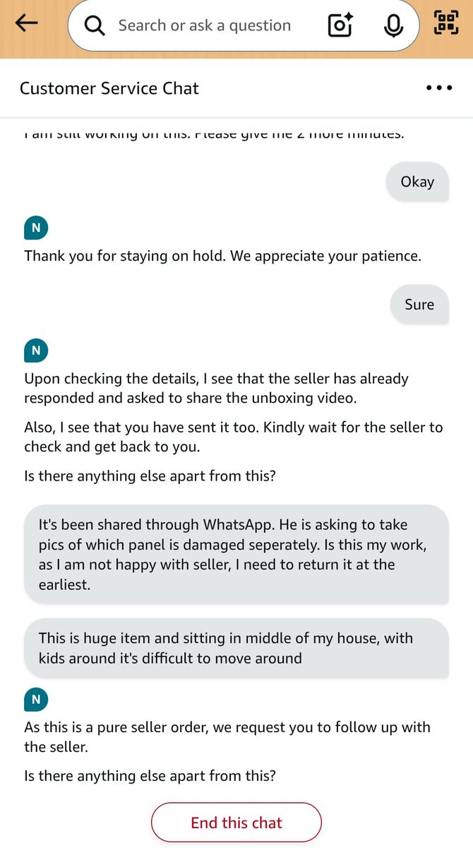 sunils3r's tweet photo. @AmazonHelp Wow.. this is the response from your team. Follow up with seller.. to hear this I had to explain everything through chat. @amazonIN @amazon .. Seriously Amazon ? Expected better customer service from you guys https://t.co/ohGxzPsBp4