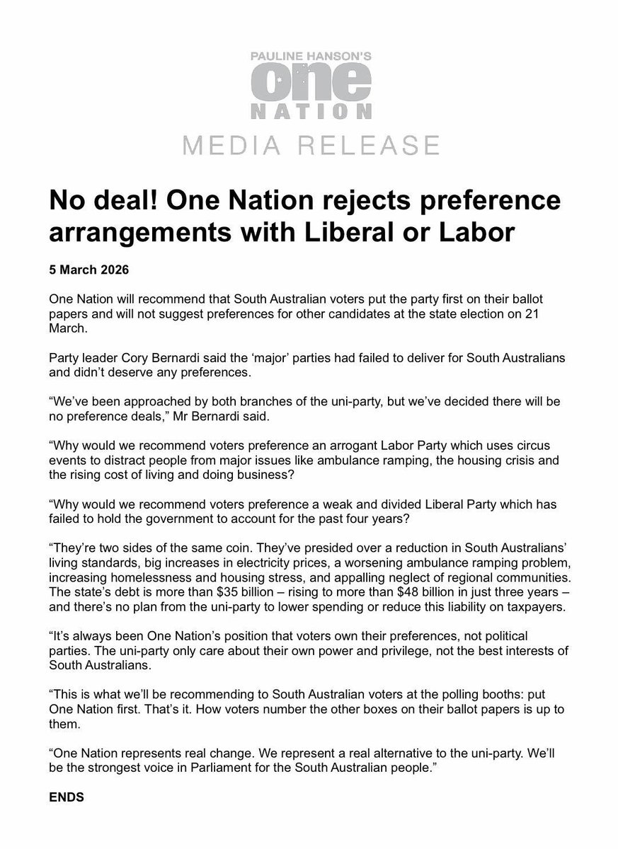 corybernardi's tweet photo. No deal! The voters of SA own their preferences not back room political operators. We will not be propping up the uniparty that has failed South Australia. https://t.co/KGwDhWx7H7