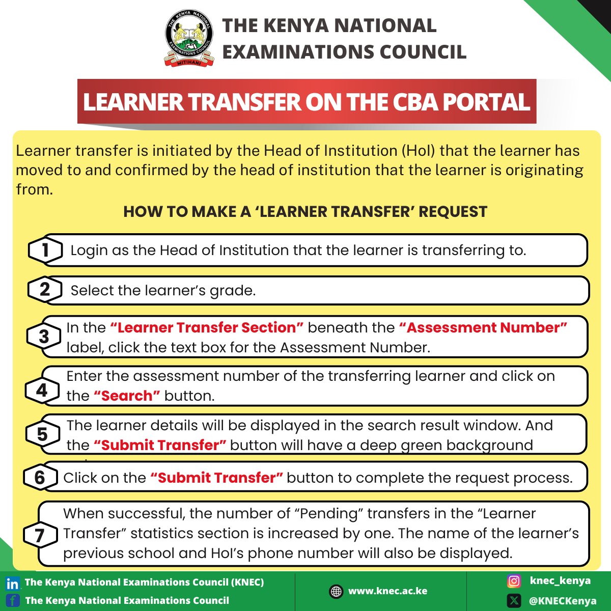 KNECKenya's tweet photo. How to initiate and accept learner transfer requests on the CBA portal.
#KPSEA #KJSEA #registration #integrity https://t.co/ICVpPveTyV