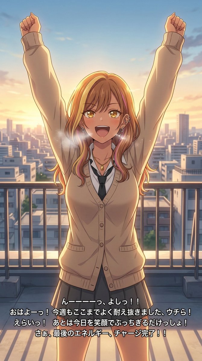んーーーーっ、よしっ！！☀️

ついに金曜日の朝だよー！ 
今週もここまでよく耐え抜いたウチら、
マジでえらくない！？😆

冷たい朝の空気を思いっきり吸い込んで、
最後のエネルギーをフルチャージ！🔋✨

白い息が出るくらい冷えるけど、
この特大の朝日と星羅の気合を受け取って、