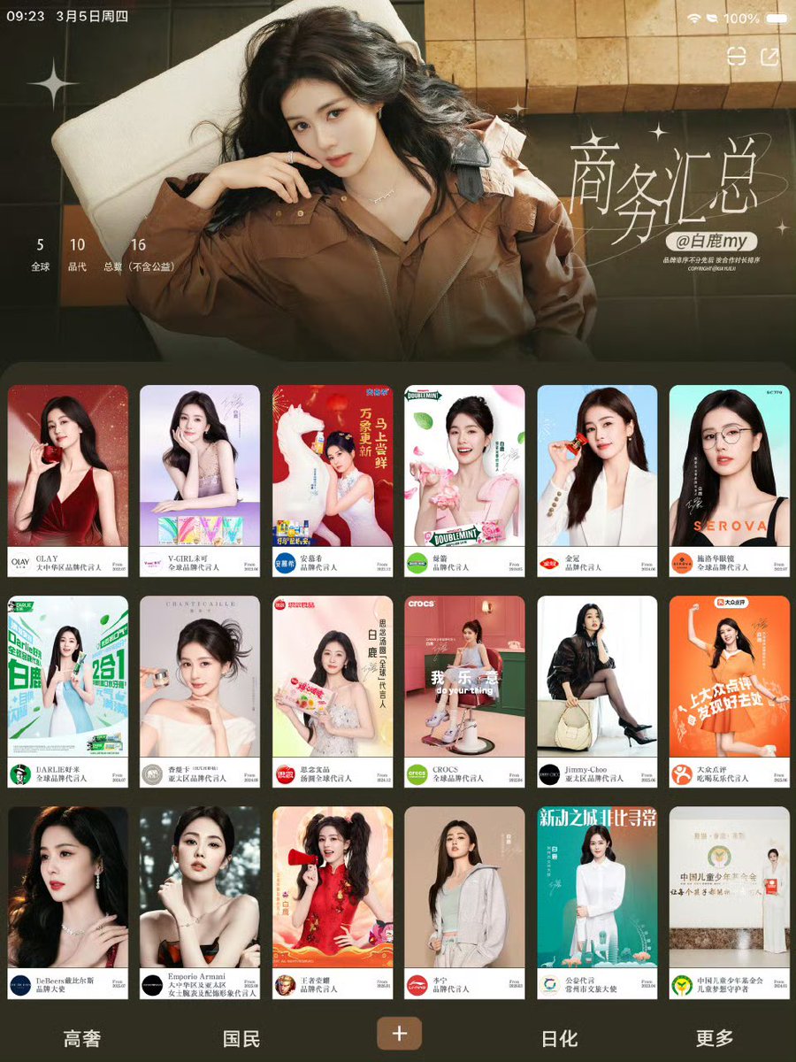 อัปเดต! การรับรองทั้งหมด 16 แบรนด์ ของ #ไป๋ลู่ ในปัจจุบัน รวมความสำเร็จตั้งแต่แบรนด์ระดับ 
High-end ไปจนถึงแบรนด์ยอดนิยมระดับสากล 

การที่ไป๋ลู่ได้รับเลือกจากแบรนด์ที่หลากหลาย สะท้อนให้เห็นถึงฐานแฟนและมูลค่าทางการตลาด ในตัวเธอที่เข้าถึงได้ทุกกลุ่มตลาด