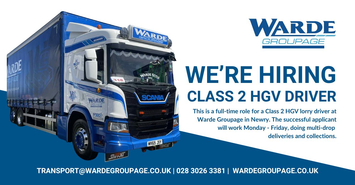 Well folks we're currently looking for a class 2 HGV driver to join the team here in Newry, Co Down. 

More info: lnkd.in/epANqdAU

Get in touch at transport@wardegroupage.co.uk or call 028 3026 3381. ⚡️