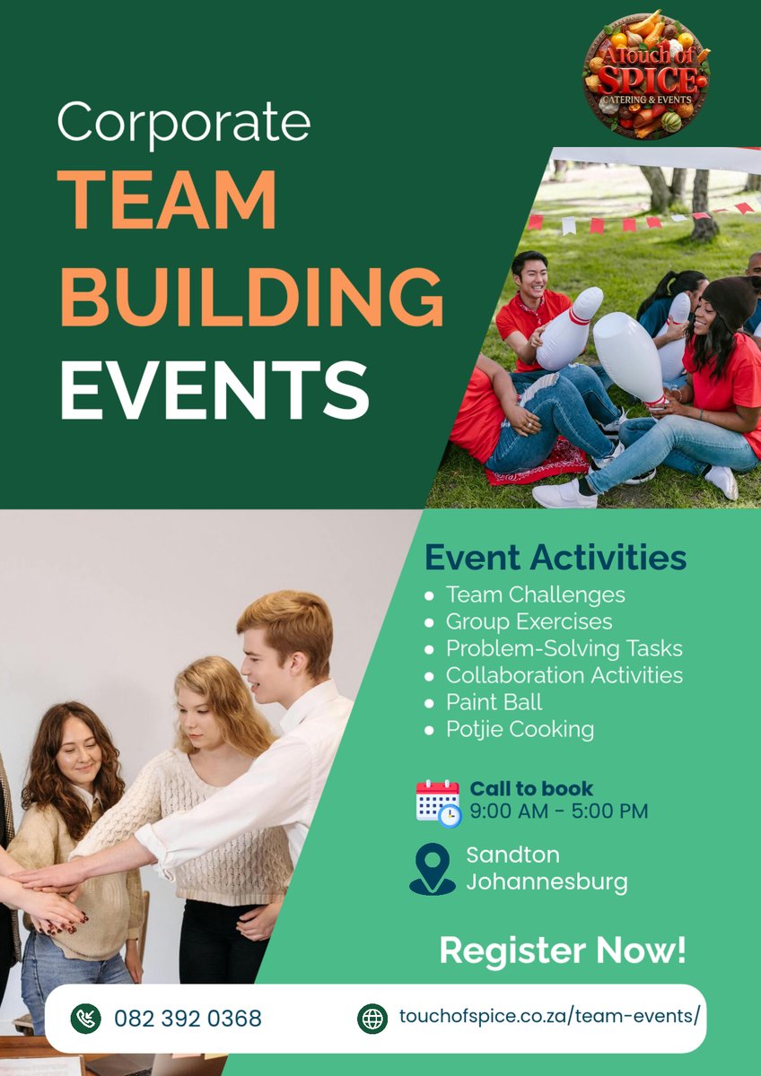 spice_touch's tweet photo. Join us in Sandton, Johannesburg for engaging team building challenges, group exercises, and fun activities like paintball and potjie cooking. To get your team motivated Call 082 392 0368 to register now! https://t.co/qAj8HWOqz0